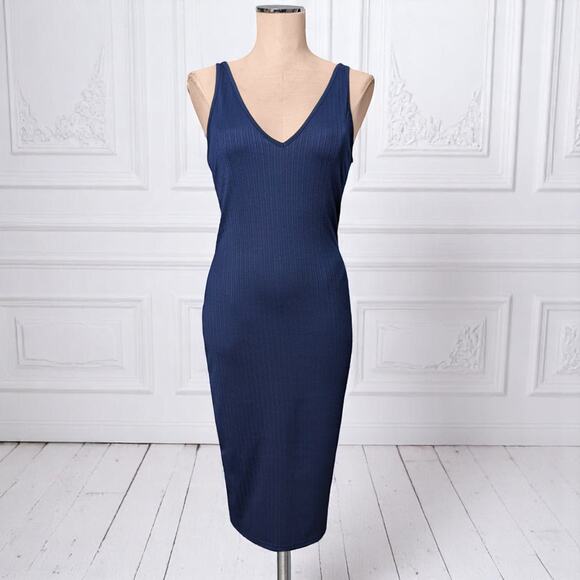 Super Sexy  SHEIN Bodycon Fashion Wiggle Past Knee Navy Blue Ribbed Dress M - Picture 1 of 1